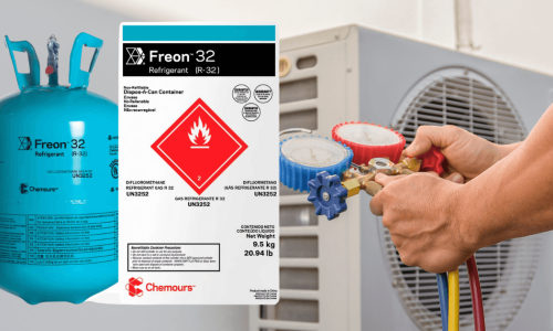 Técnico de HVAC/R trabalhando com sistema de ar-condicionado e cilindro de fluido refrigerante R32